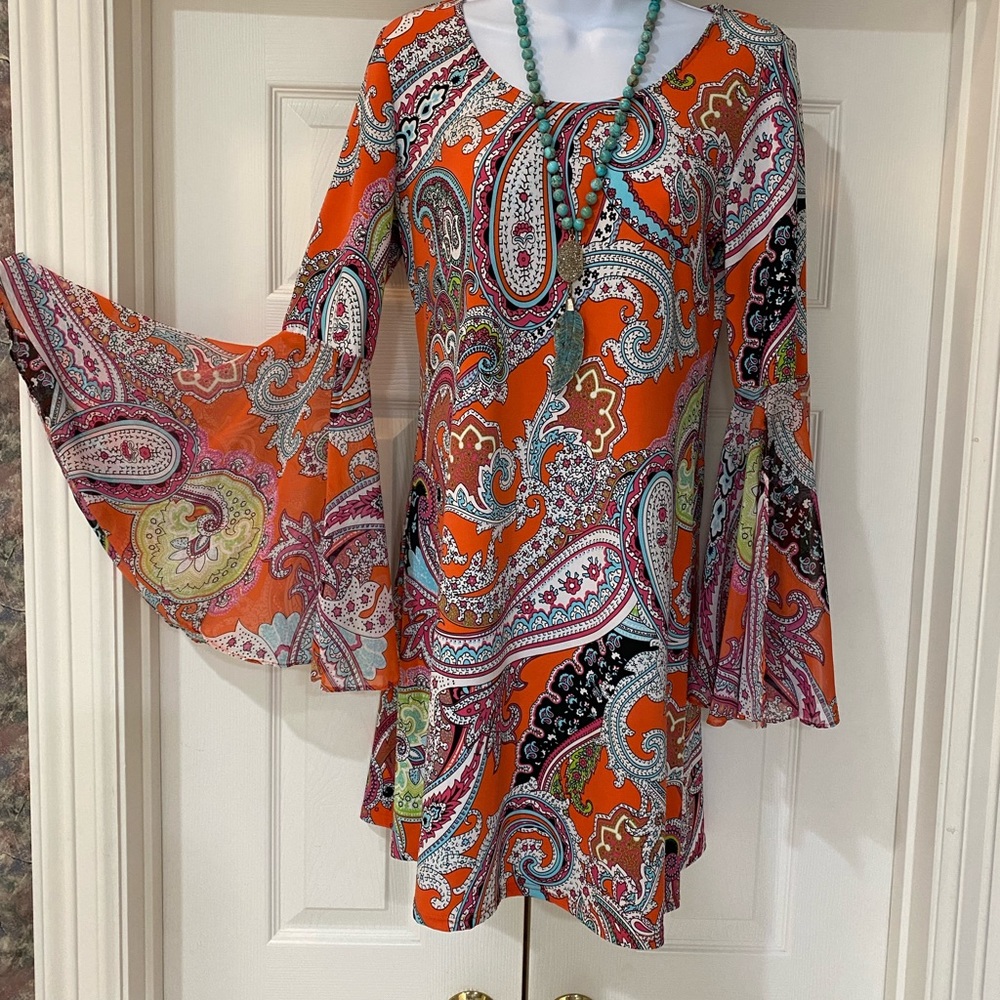 MSK Paisley Shift Dress Flared Sleeve Size S